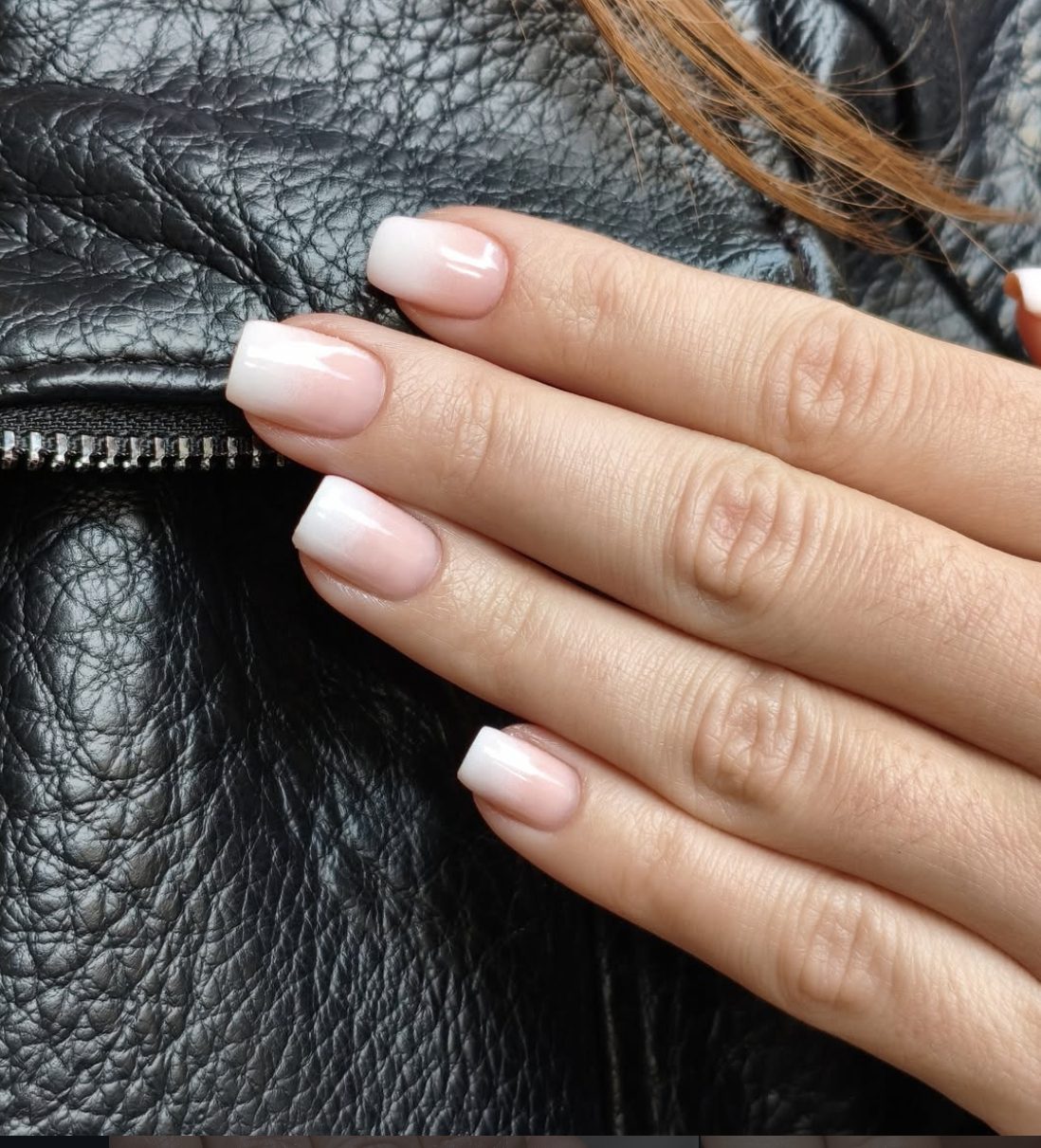 Milky white ombré manicure on short square nails