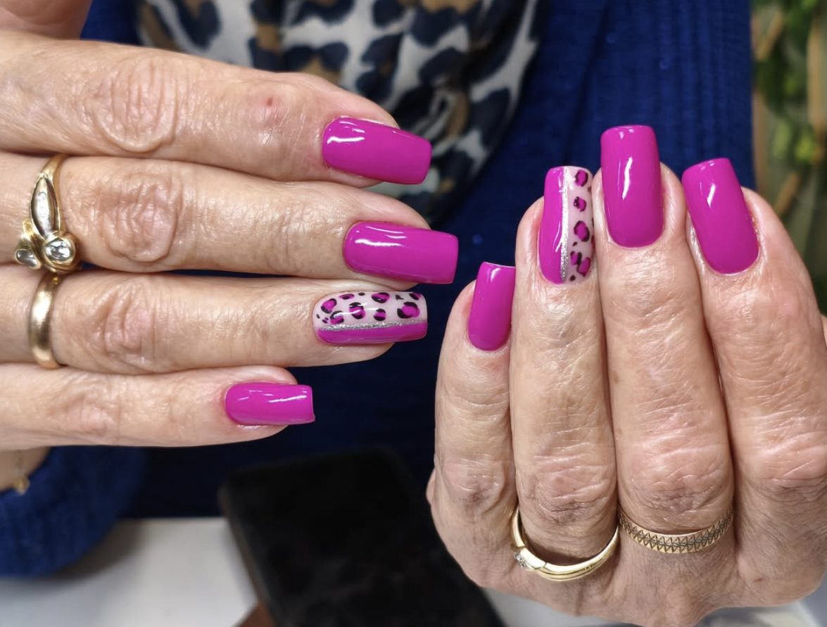 Fuchsia square manicure with leopard accent nail art