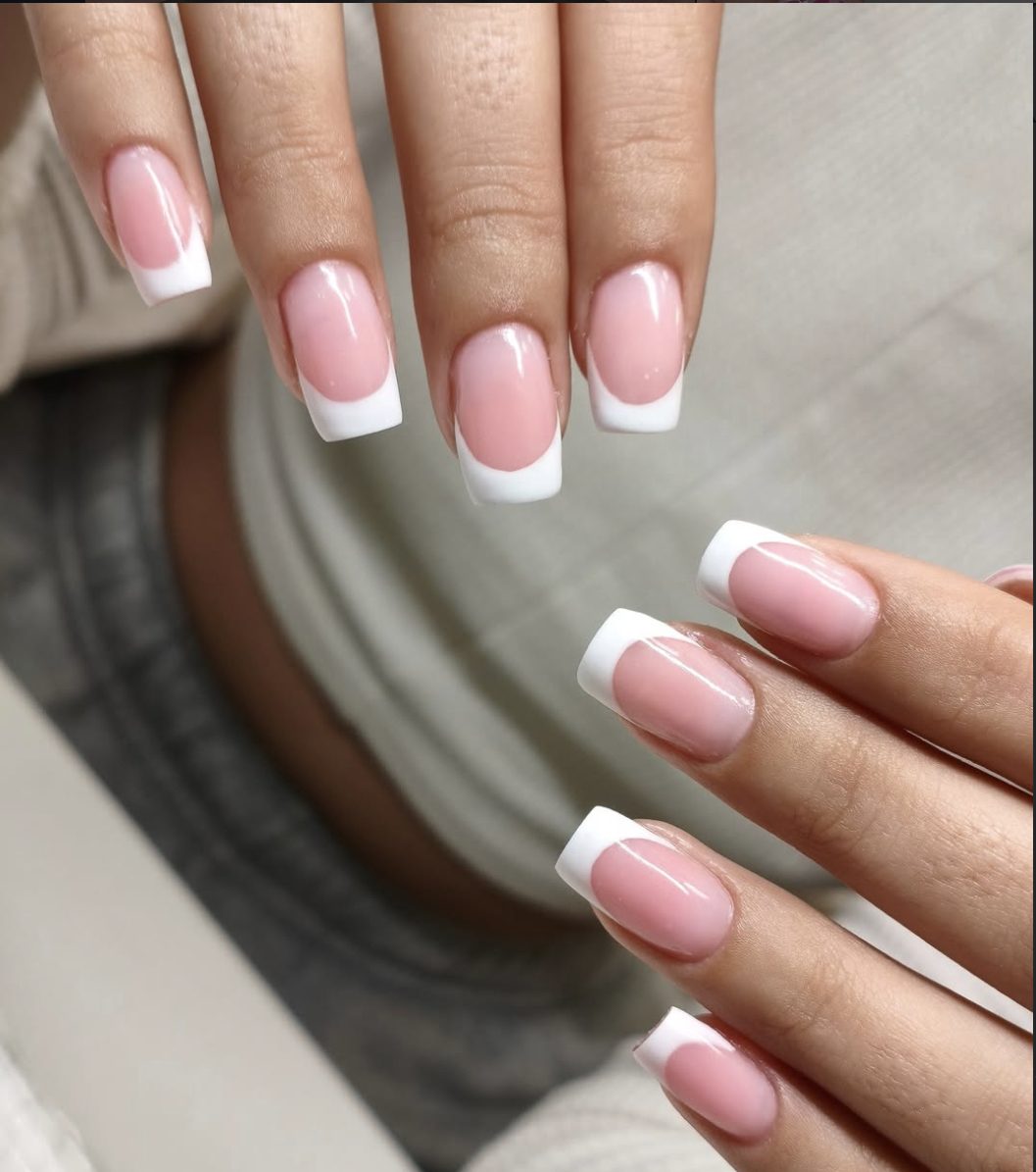 Classic pink and white French manicure on square nails